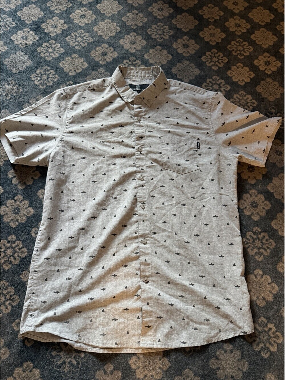 Molokai Surf Co Shark Shirt Mens Large Gray Button Up All Over Print Beach